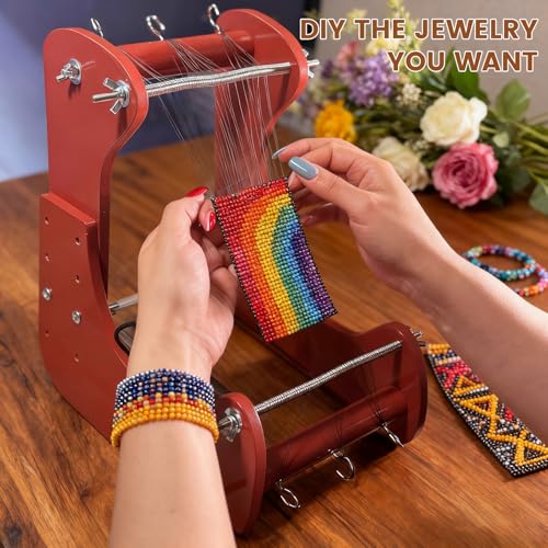 Adjustable Standing Bead Loom, Wood Beading Loom Kit with 4 Length Options, Ergonomic Angled Design, Work Area 7.5" to 10.5", Full Size 7" x 14" x 10", Includes Threader & Brush, for Jewelry & Crafts