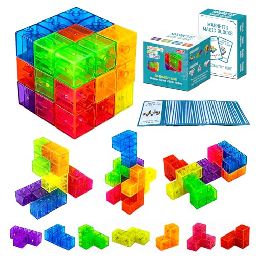 Magnetic Building Blocks Magic Magnetic 3D Puzzle Cubes, Set of 7 Multi Shapes Magnetic Blocks with 54 Guide Cards, Parent-Child Interactive Children's Educational Toys (7 Color) - color: 7color