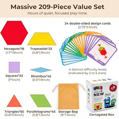 LovesTown 245 PCS Wooden Pattern Blocks Bundle, Geometric Shape Puzzles with Activity Cards for Kids, Montessori Educational Tangram Set with Storage Bag and Tin Box for Preschool Learning