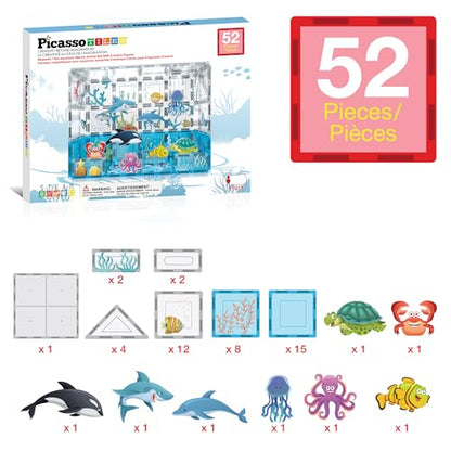 PicassoTiles 52 PCS Magnetic Tiles Ocean Animal STEM Set 8 Figures Ages 3+ - color: Marine Animal Set With 8 Action Figures