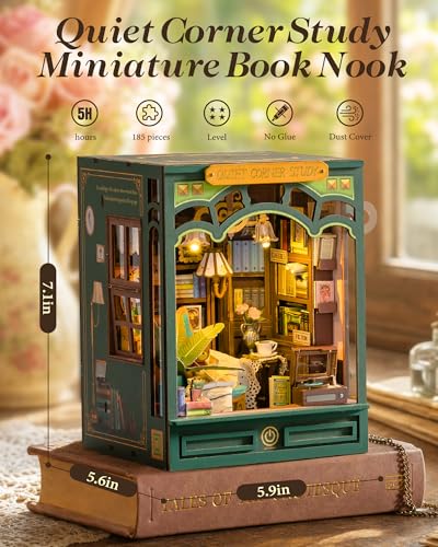 ROBOTIME DIY Miniature House Kit-Quiet Corner Study, Book Nook Kit for Adults, Vintage Bookstore Library with LED Bookshelf Insert Decor, Creative Birthday Graduation Gifts Puzzles for Family Friends - color: Green - Quiet Corner Study