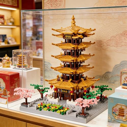 JXRLMB Chinese Ancient Famous Architecture Micro Building Blocks Set for Adults Yellow Crane Tower with Sakura Tree Cherry Plants, Toys for Kids Age of 14+ 2200 pcs - color: Chinese Yellow Crane Tower