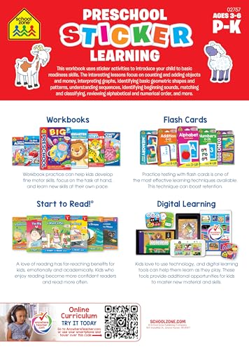School Zone Preschool Sticker Learning Workbook: 64 Pages, Pre-K, Kindergarten, 324 Stickers, Shapes, Patterns, Alphabetical Order, ABC's, Numbers, Letters, Ages 3-5 (Stuck on Learning! Book Series)