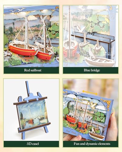 Rowood Red Boat 3D Puzzles for Adults,Wooden Claude Monet Painting Artwork Craft Kits for Adults,DIY Wall Art Building Set with LED,Home Decor Table Art Collection Gift on Christmas - style: Red Boats