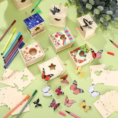 Outus 24 Pcs Wooden Birdhouse Kits for Kids, 4 Shapes Unfinished, Classic