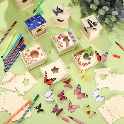 Outus 24 Pcs Wooden Birdhouse Kits for Kids, 4 Shapes Unfinished, Classic