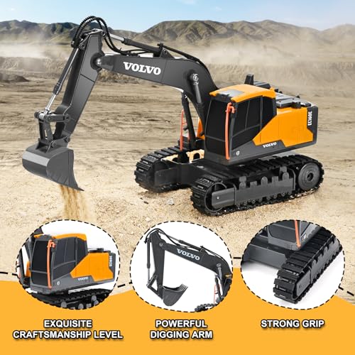 Double E Volvo Licensed Remote Control Excavator Toy, 2.4GHz All‑Terrain Sand-Ready Construction Vehicle with 360° Spin & 330° Cab Rotation, Rechargeable, Dig & Unload, STEM Birthday Gift for Kids 3+