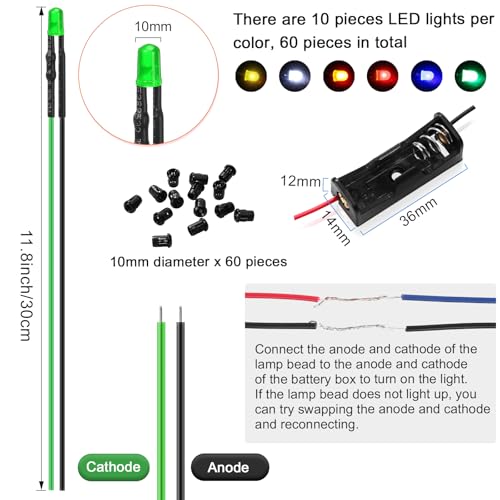 126 Pcs 12v LED Lights Kit, 60 Pre Wired LED Light Emitting Diodes 60 Plastic Lampholder 6 Battery Holder for Model Assortment Crafts Dollhouse (10 mm) - size: 10 mm