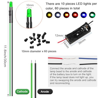 126 Pcs 12v LED Lights Kit, 60 Pre Wired LED Light Emitting Diodes 60 Plastic Lampholder 6 Battery Holder for Model Assortment Crafts Dollhouse (10 mm) - size: 10 mm