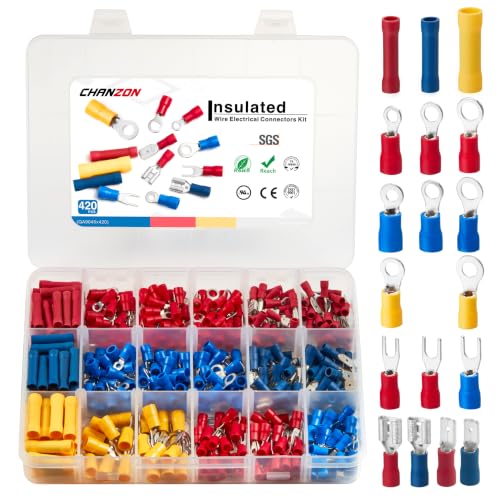 Chanzon Insulated Wire Connector(Butt Spade Fork Ring)Crimp Terminal Splice - size: 420pcs