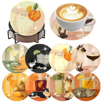 8 PCS Cocktail Cat Diamond Art Coasters with Holder - color: Cocktail