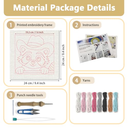 Doodlream Pink Hat Raccoon Needle Kit for Beginner, 9.4"x 9.4" Cute Animal Punch Stitching Craft Set, Color DIY Embroidery Starter with Printed Frame, Instruction, Threader, Yarn, Pinch Needle - color: Raccoon