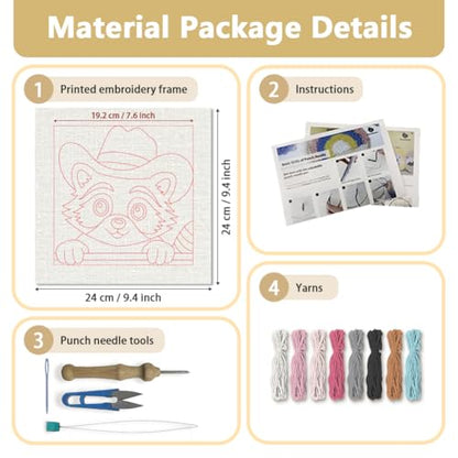Doodlream Pink Hat Raccoon Needle Kit for Beginner, 9.4"x 9.4" Cute Animal Punch Stitching Craft Set, Color DIY Embroidery Starter with Printed Frame, Instruction, Threader, Yarn, Pinch Needle - color: Raccoon