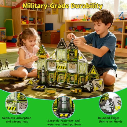 Magnetic Tiles,42PCS Magnetic Building Blocks with Metal Storage Box,Magnet Tiles for Kids Ages 3+,Magnet Tile for Boys & Girls(Military) - color: Green