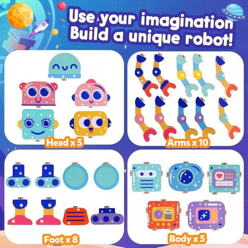 Robot Toys for Kids 3-5,Montessori Wooden Learning Toy with Take Apart Features Robots,STEM Educational Play Fine Motor Games for Boys Girls - style: Robot