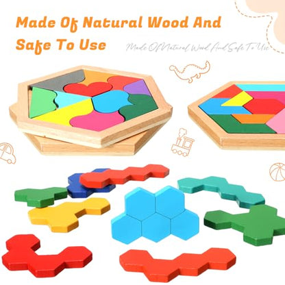 Jerify 8 Pack Wooden Tangram Puzzle for Kids, Wooden Hexagon Puzzles Block