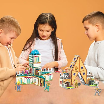 PicassoTiles 70pc Middle Age Medieval and Castle Theme Tile 2in1 8 Character Action Figures Magnet Tiles Building Block Pretend Magnetic Play Fine Motor Skill STEM Educational Construction Age3+ PTQ01 - color: Medieval and Castle