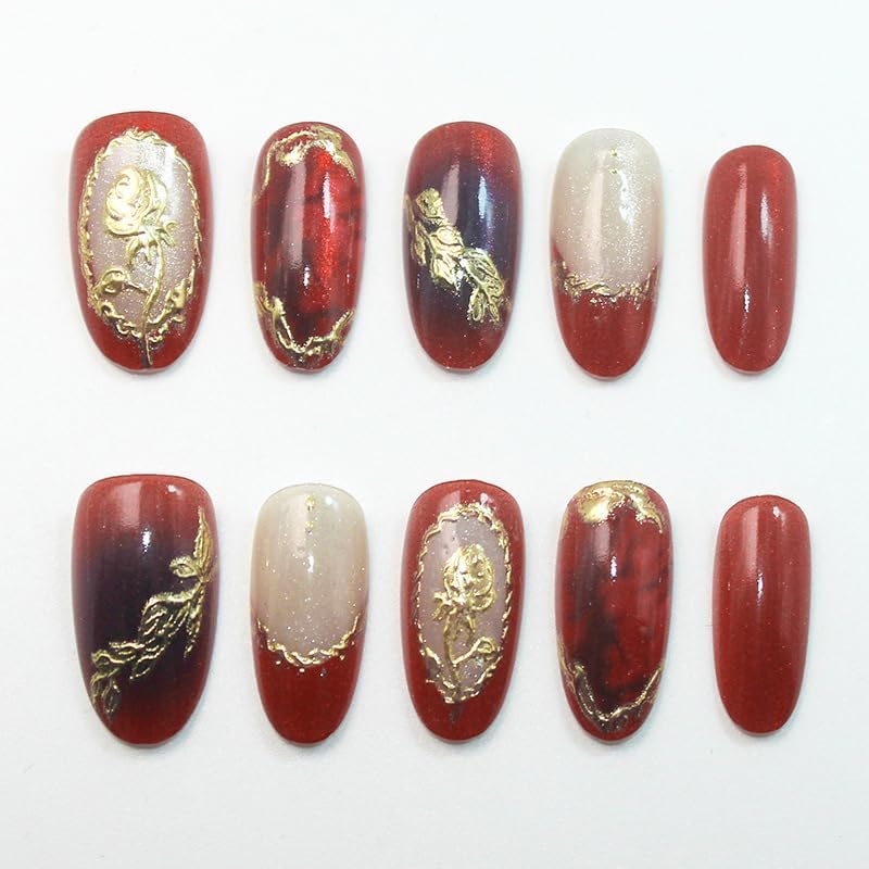 Almond Press on Nails Short Red Fake Nail Golden Embossed Acrylic Nail Press ons Roses Stick on Nail for Women 24pcs - color: Color33