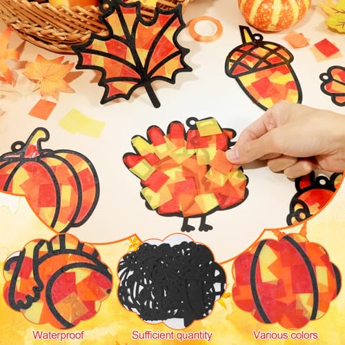 Qyeahkj 36 Set Fall Suncatchers Crafts for DIY Autumn Leaf Pumpkin Acorn Squirrel Window Tissue Paper Craft Kit Hanging Decor for Home Activity Art Project Birthday Party Favor Gift - style: Autumn
