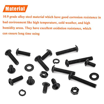 HELIFOUNER 380 Pieces M4 x 5mm /6mm /8mm /10mm /12mm /16mm /20mm, Button Head Socket Cap Screws Bolts Washers Nuts Kit, 10.9 Grade Alloy Steel, Full Threaded, Black - size: M4, style: Button Head