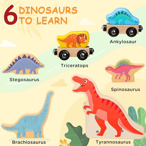 SainSmart Jr. Wooden Train Set Dinosaur Theme, Train Toys with 6 Kinds of Dinosaurs, Dinosaur Train Compatible with Brio, Thomas, Melissa & Doug – Perfect Wood Toy for Boys and Girls - style: Dinosaur