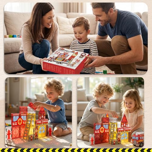 SKTMYY Fire Station Magnetic Tiles Building Toys for Kids Ages 4-8 - style: Fire Station Magnetic Tiles
