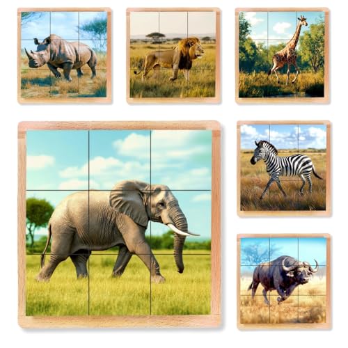 6-in-1 Wooden Animal Puzzle – Montessori Cube Toy for Kids – Realistic African Safari Animals Educational Wood Blocks for Children Ages 3 and Over - style: African Safari Animals