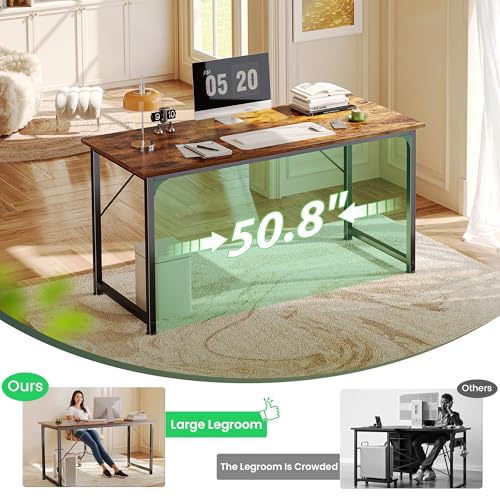 Huuger Computer Desk, 55 Inch Home Office Desk, Gaming Writing Work from Home Study Desk, Large Legroom, Sturdy Metal Frame, Modern Simple, Rustic Brown - color: Rustic Brown, size: 54inch