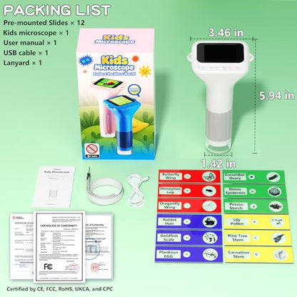 Odatay 1000X Digital Kids Microscope Kit with 12 Slides & 2" Screen, White - color: White