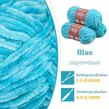 LUNARM Chenille Yarn 3 Pack 3.5oz Chunky Blanket Velvet Yarn 263 Yard - color: Blue
