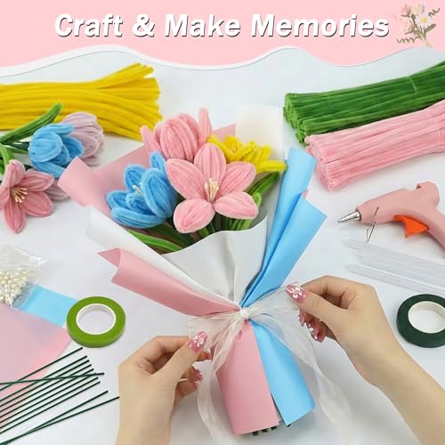 Party Rose 650PCS Pipe Cleaners Craft, Pipe Cleaner Bulk Flower Kit, 6 Colors Chenille Stems Flower Making Kit with Floral Wires, Gardening Tape, Stamens