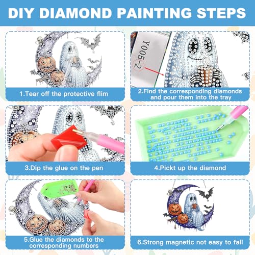 NAIMOER Halloween Diamond Art Hanging Kits for Adults, Ghost Moon 5D Special Shaped Rhinestone, DIY Acrylic Diamond Art Painting Window Pendants Home Garden Wall Hanging Ornament Kits, Double Sided - color: Halloween Ghost Moon