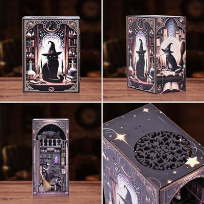 Magic Wizard Cat 3D Book Nook Kit, DIY Miniature House Booknook Dollhouse Kit for Adults and Teens, 3D Wooden Puzzle Bookend Bookshelf Insert Decor, Mini Magic House Model Build Gift - style: Magic Wizard Cat