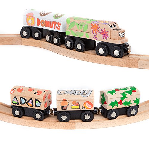 ORBRIUM 8 Unpainted Wooden Train Cars with 12 Colors Paint & Brushes Set for Wooden Railway Compatible Thomas & Brio Magnetic Trains Theme Birthday Party Favors Craft Creative Activity Boys Kids Girls