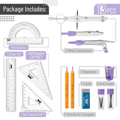 Mr. Pen- Geometry Set, 13 pcs, 3 Metal Compasses, Protractor, 6" Ruler | 45° & 30°/60° Set Squares, Pencils, Lead Refills, Sharpener & Eraser for Math, Drafting & Classroom Use - color: Purple