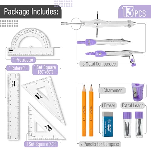Mr. Pen- Geometry Set, 13 pcs, 3 Metal Compasses, Protractor, 6" Ruler | 45° & 30°/60° Set Squares, Pencils, Lead Refills, Sharpener & Eraser for Math, Drafting & Classroom Use - color: Purple