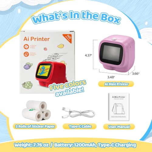 AI Voice Sticker Maker for Kids, Mini Thermal Printer, Red Dino - color: Red