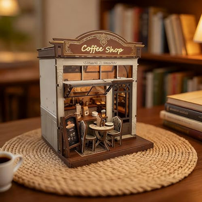 3D Wooden Coffee Shop Book Nook Kit - DIY Miniature Model with LED Lights, 143 Precision-Cut Pieces for Adults & Teens (1:24 Scale, Stress Relief Craft Gift) - color: Coffe Shop