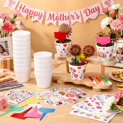 Funnymoom 48 Set Mother's Day Pot Crafts Paintable Flower Pot Craft Kit DIY with Watercolor, Pen Stickers, Plant Labels Garden Growing Kits for for Mom Spring Mother's Day Fun Activity - style: Mother's Day