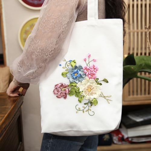Canvas Tote Bag Silk Ribbon Embroidery Kit for Beginners Arts DIY Crafts Starter Kit Include Stamped Bag Threads Hoop - color: Color #1, Beige Bag
