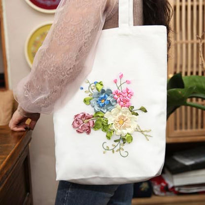 Canvas Tote Bag Silk Ribbon Embroidery Kit for Beginners Arts DIY Crafts Starter Kit Include Stamped Bag Threads Hoop - color: Color #1, Beige Bag