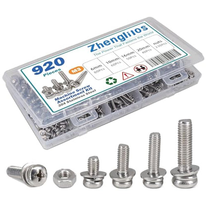920Pcs Machine Screws Nuts and Bolts Assortment Kit,M3×（6mm，10mm，16mm，20mm） Phillips Pan Head Assorted 304 Stainless Steel Bolts, Nuts, Flat washers, and Spring washers - size: 3 mm, style: Round head machine screw