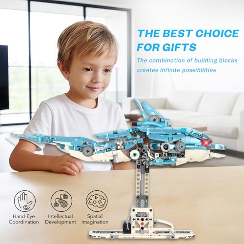 Mechanical Blue Dolphin Building Blocks Linkage Kit, Sea Animal Model with Lighting, Display Stand, STEM Power Motor Toy, DIY Desktop Ornament for Kids & Adults Ages 12+, Birthday Gift Idea - color: Blue Dolphin