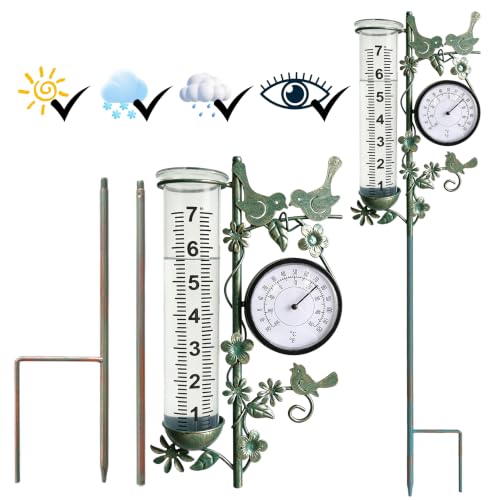 Rain Gauge Best Rated with Thermometer, Freeze Proof & Weatherproof - color: Bird & Flowe (Green)