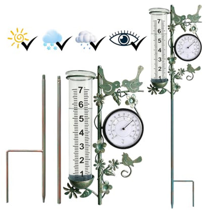 Rain Gauge Best Rated with Thermometer, Freeze Proof & Weatherproof - color: Bird & Flowe (Green)