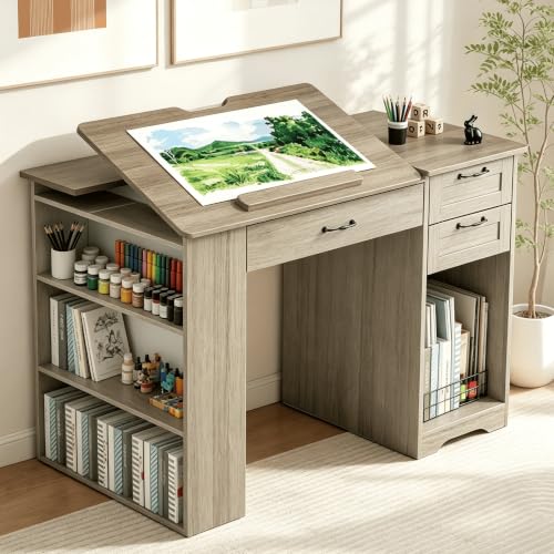 Drafting Table with Storage Cabinet & Drawers, Adjustable Drawing Table with Open Shelves, Craft Art Desk for Artists, Painters, Drawing, Crafting, Reading, Writing, Working (Grey) - color: Grey