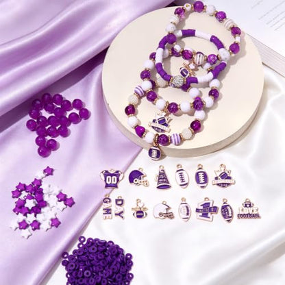 2200PCS+ Game Day Beads Charms for Bracelet Making Polymer Clay Beads Crystal Pearl Letter Gold Spacer Beads Football Charms for Game Day Bracelet Necklace Making DIY Crafts - color: Purple White