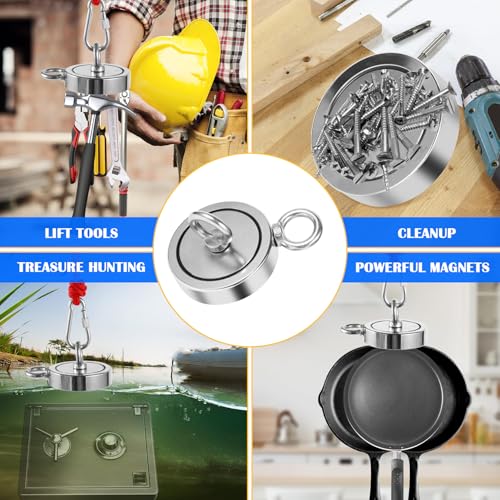 VNDUEEY 1725LBS Magnet Fishing Kit, 3.7" Double Hole Fishing Magnet Kit with Rope, Strong Magnets for Retrieving in River Lake Beach Lawn, Includes 65Ft Rope, Carabiner, Gloves, Grappling Hook, Case - size: 3.7" 1725LBS, style: Double Hole Kit with Case
