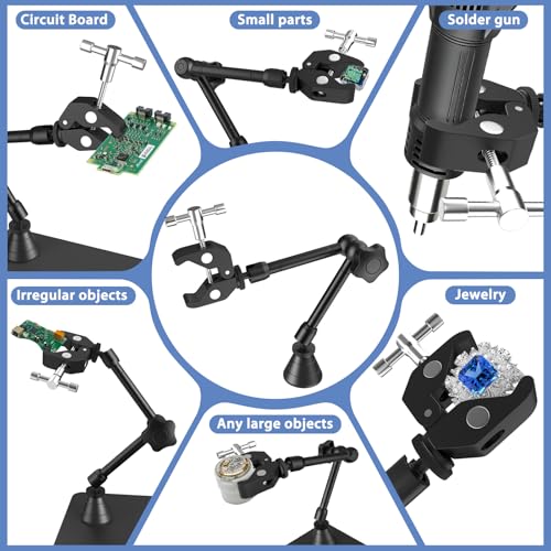 Drdefi Magnetic Helping Hands Soldering Station 12X Magnifying Lamp Third Hand Jewelry Tool, 360° Hot Air Gun Holder, Hands Free Magnifier Weighted Base with 4 Magnetic Pillar for Electronic Hobby - size: Large Base+Soldering Clamp
