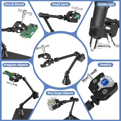 Drdefi Magnetic Helping Hands Soldering Station 12X Magnifying Lamp Third Hand Jewelry Tool, 360° Hot Air Gun Holder, Hands Free Magnifier Weighted Base with 4 Magnetic Pillar for Electronic Hobby - size: Large Base+Soldering Clamp